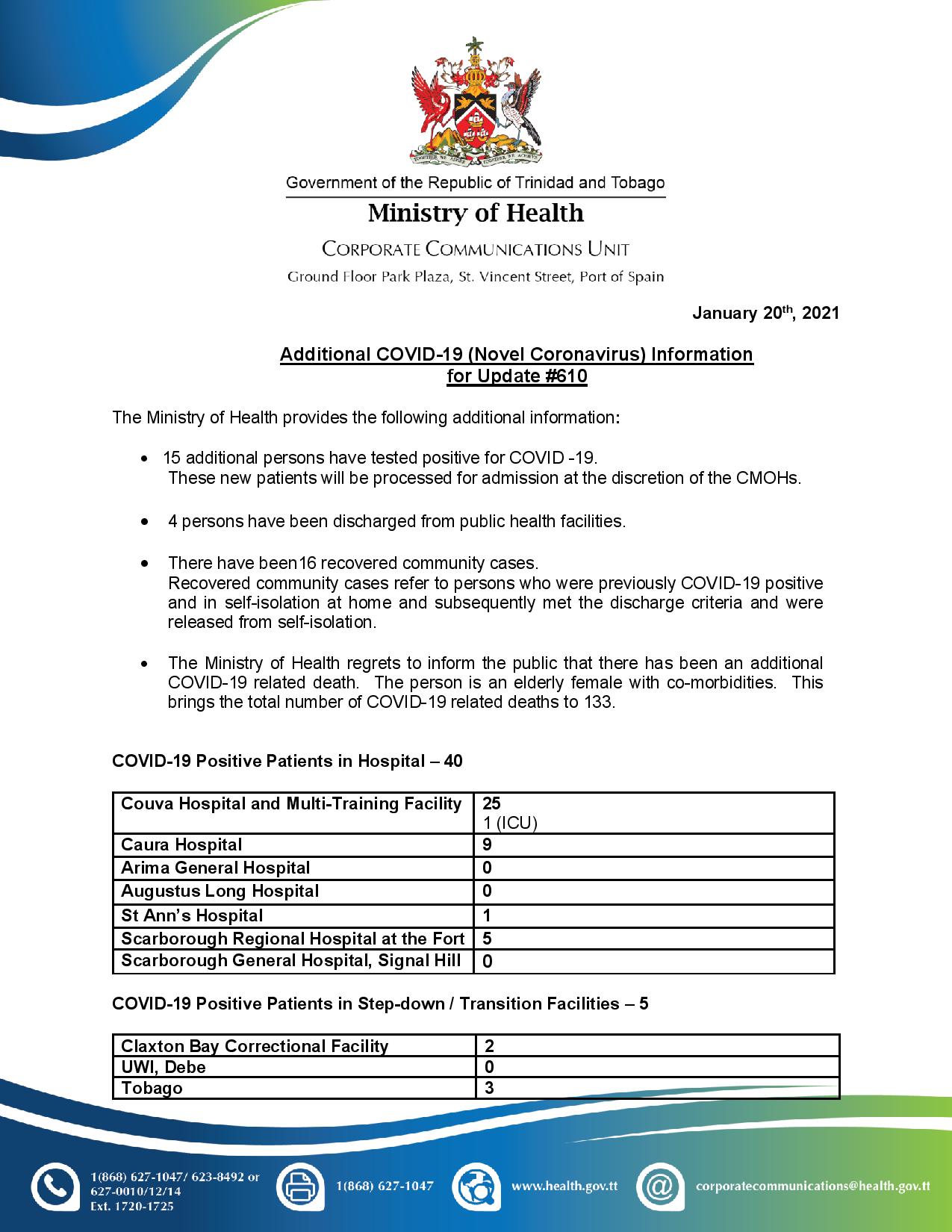 COVID-19 UPDATE - Wednesday 20th January 2021 Additional