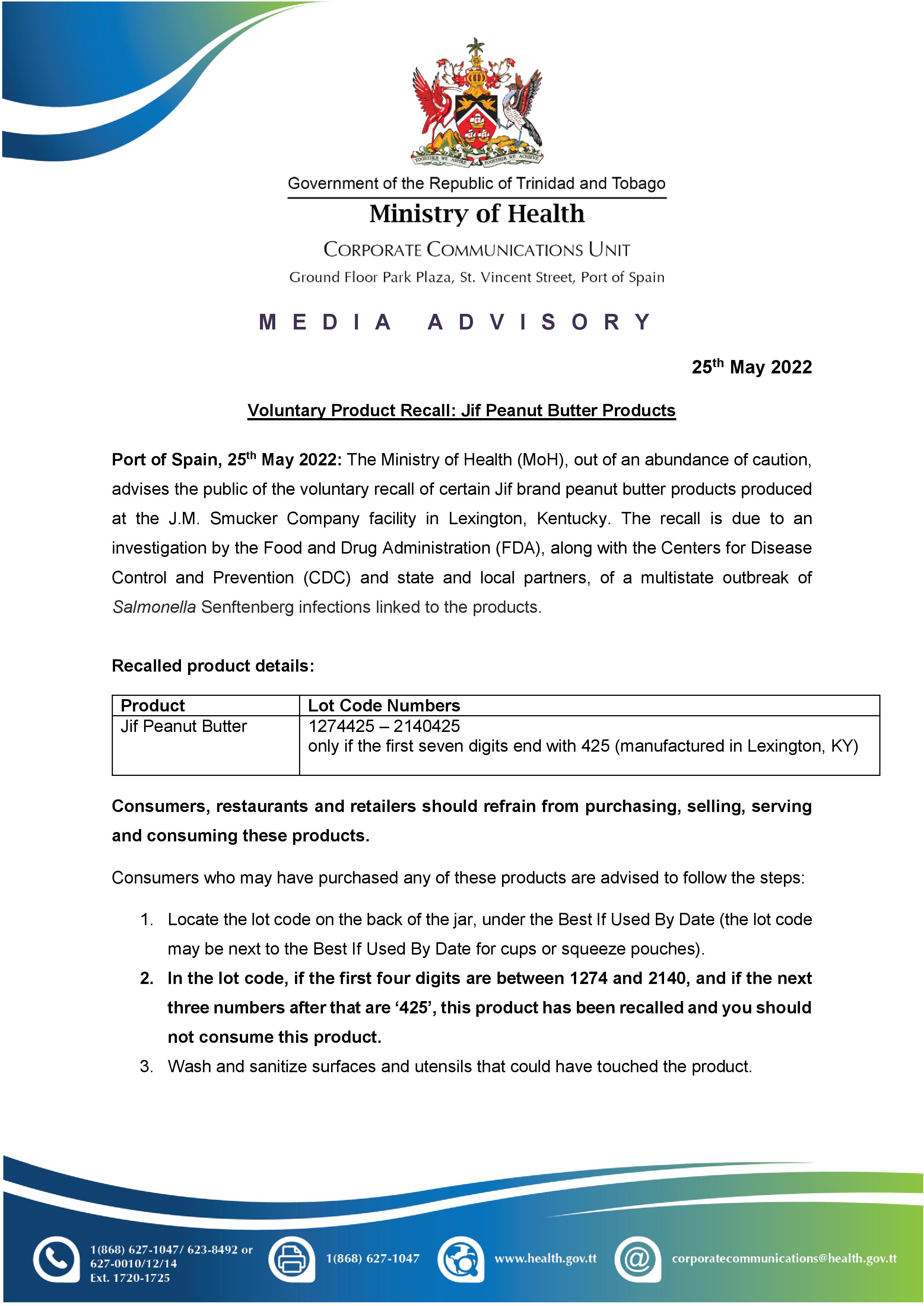 Voluntary Product Recall: Jif Peanut Butter Products
