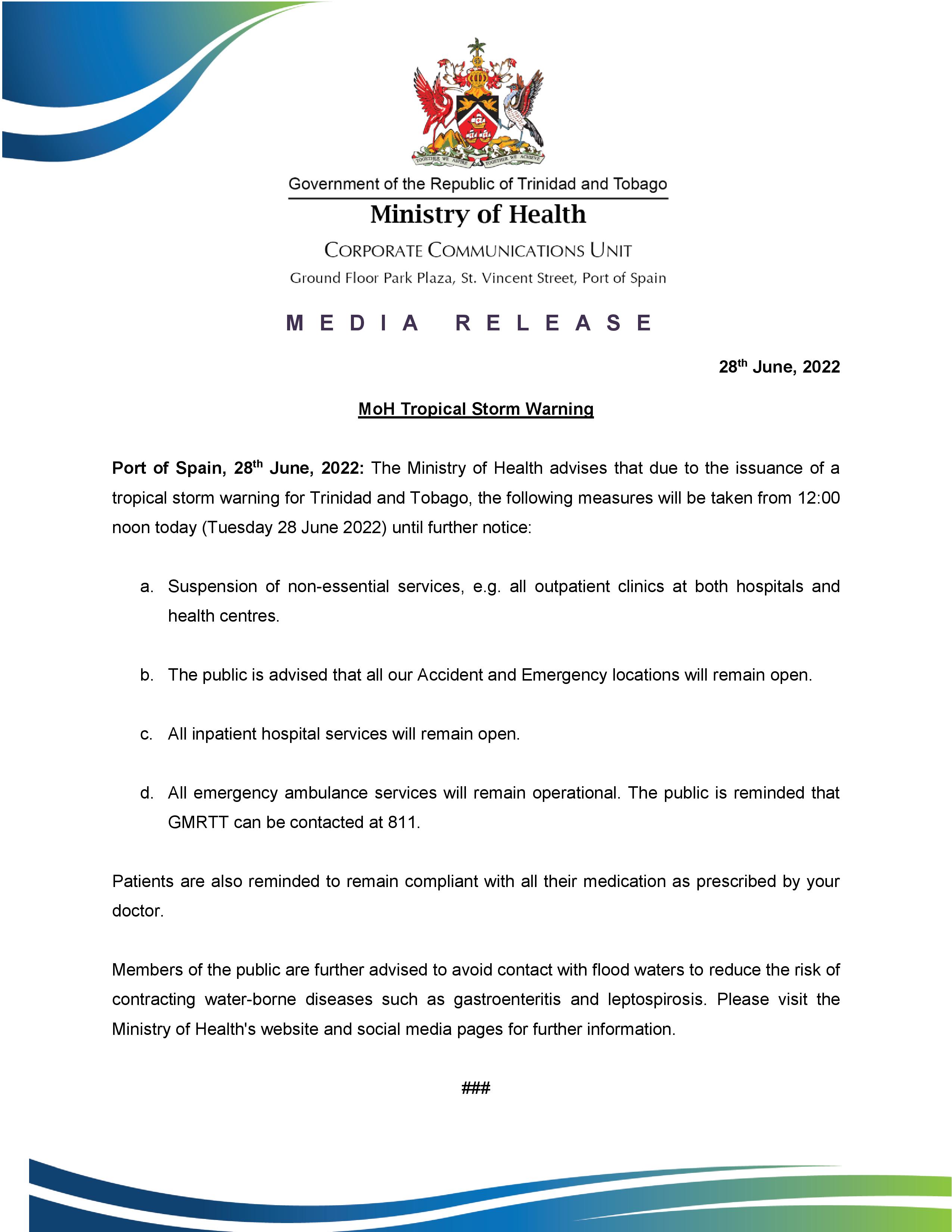 MoH Media Release- MoH Tropical Storm Warning