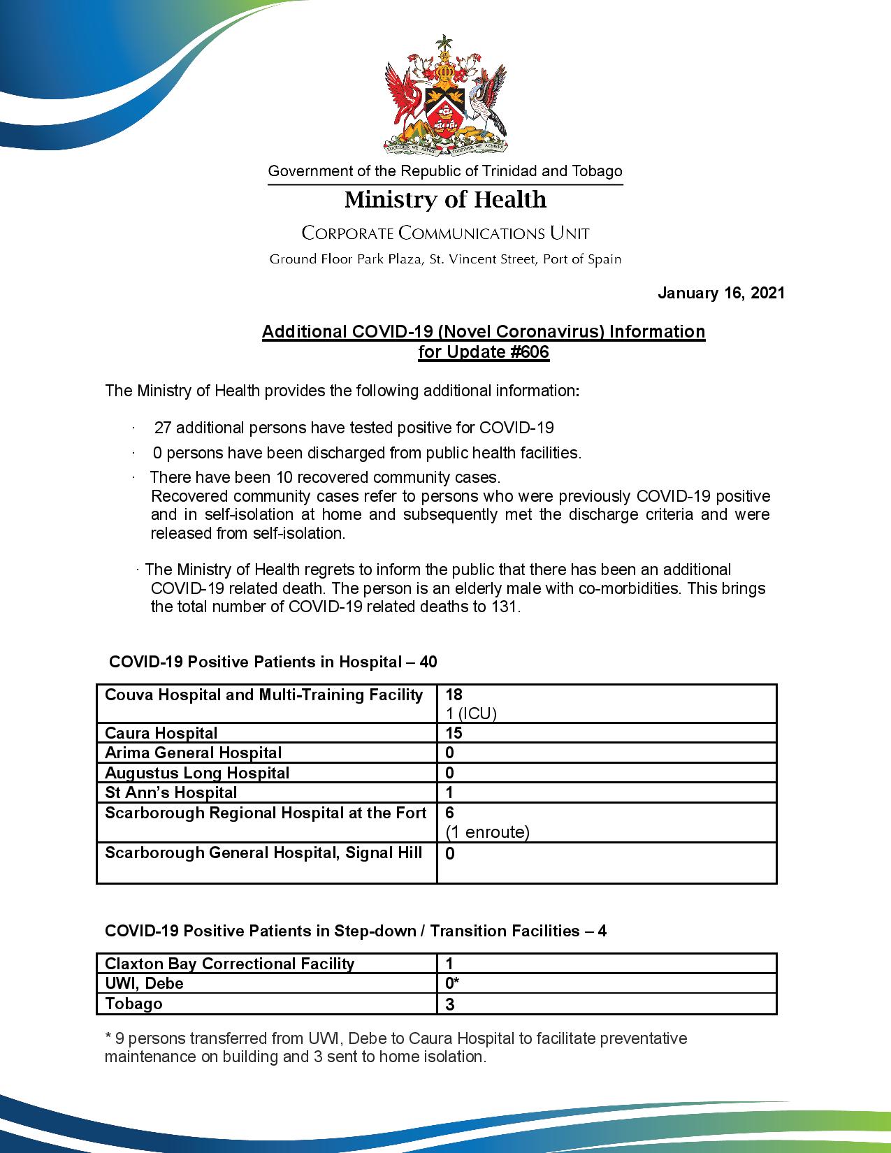 COVID-19 Media Release -#606 Additonal