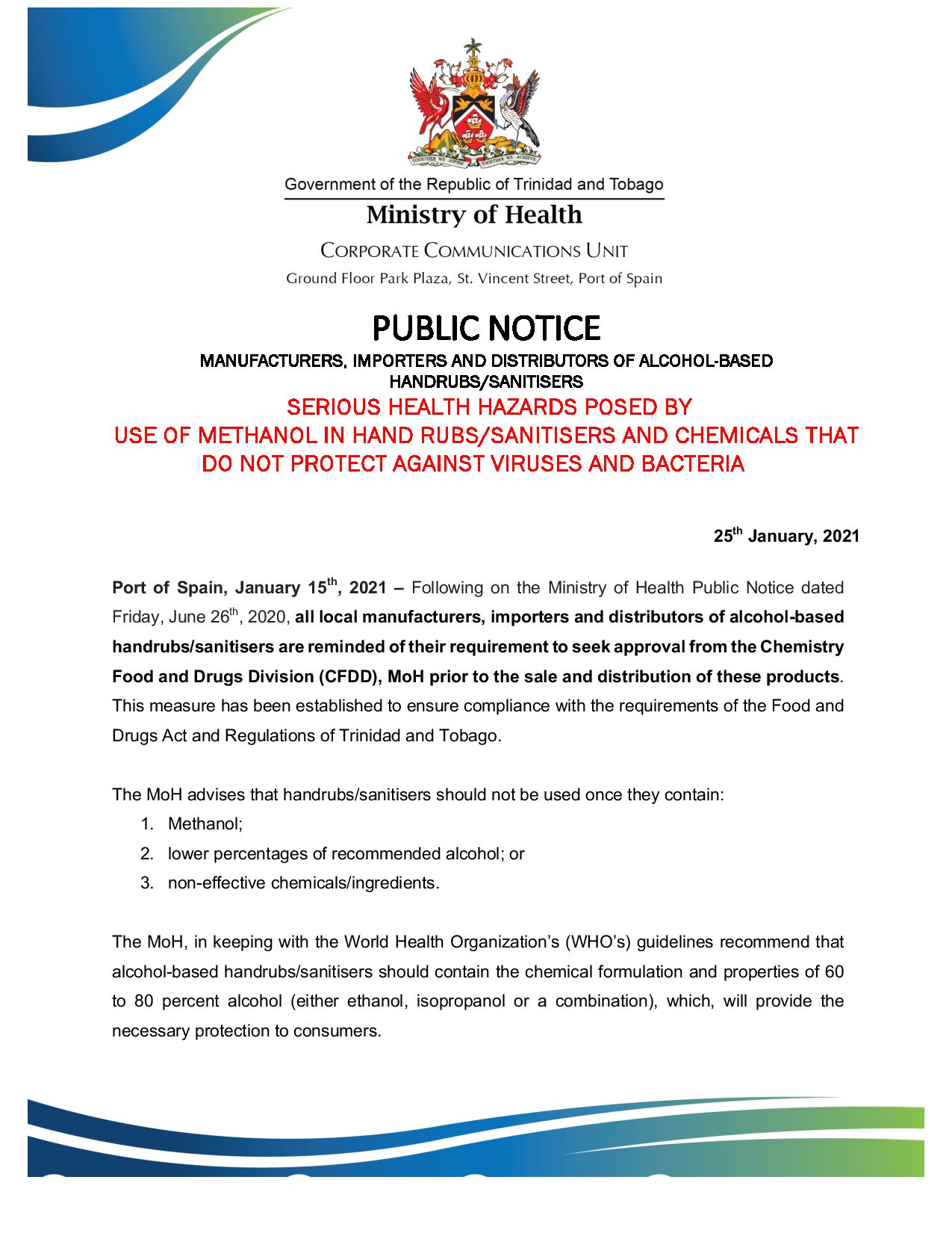 Health Hazard posed by use of methanol in hand rubs / sanitisers page 1