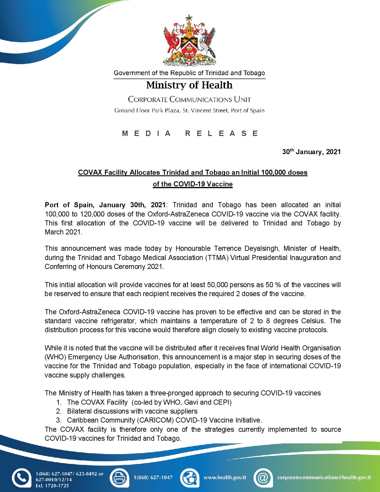 rinidad and Tobago allocated an initial 100,000 COVID-19 Vaccine doses page 1