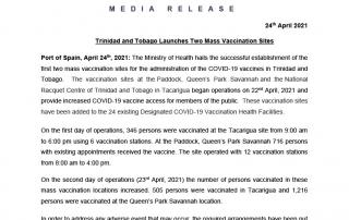 MoH Media Release -TT Launches Mass Vaccination Sites