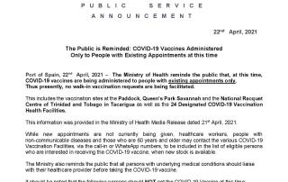 Public Service Announcement - COVID-19 Vaccines Administered  Only to People with Existing Appointments at this time