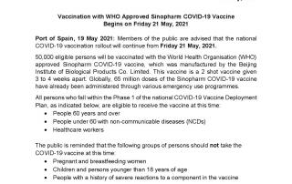 MoH Media Release: Vaccination with WHO Approved Sinopharm COVID-19 Vaccine Begins on Friday 21 May, 2021 