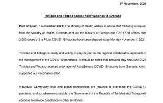 Trinidad and Tobago sends Pfizer Vaccines to Grenada