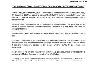 Two Additional Cases of the COVID-19 Omicron Variant in Trinidad and Tobago