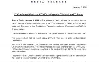 MOH Media Release: 17 Confirmed Omicron COVID-19 Cases in Trinidad and Tobago