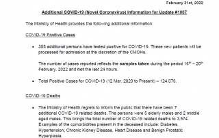 COVID-19 UPDATE - Monday 21st February 2022