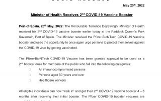 MoH Media Release: Minister of Health Receives 2nd COVID-19 Vaccine Booster 20 May, 2022