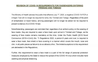 Revision of COVID-19 Requirements for Passengers Entering Trinidad and Tobago