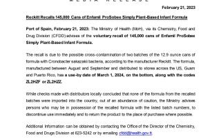 Media Release - Reckitt Recalls 145,000 Cans of Enfamil ProSobee Simply Plant-Based Infant Formula