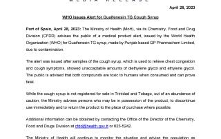 Media Release - WHO Issues Alert for Guaifenesin TG Cough Syrup