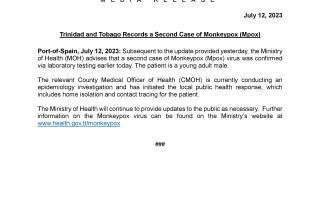 Media Release - Trinidad and Tobago Records a Second Case of Monkeypox (Mpox)