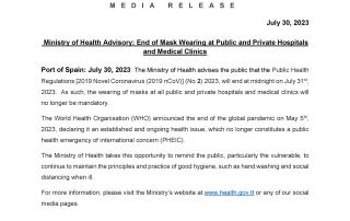 Media Release -  End of Mask Wearing at Public and Private Hospitals and Medical Clinics