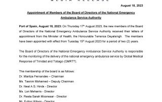 Media Release - Appointment of Members of the Board of Directors of the National Emergency Ambulance Service Authority