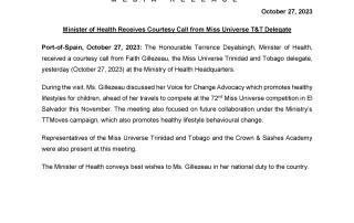 Media Release -  Minister of Health Receives Courtesy Call from Miss Universe T&T Delegate