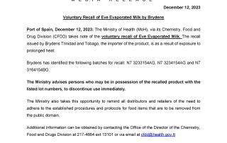 Media Release - Voluntary Recall of Eve Evaporated Milk by Brydens