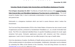 Media Release - Voluntary Recall of Quaker Oats Granola Bars and WanaBana Apple Sauce Pouches