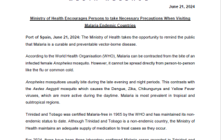 Ministry of Health Encourages Persons to take Necessary Precautions When Visiting Malaria Endemic Countries