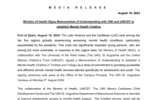 Ministry of Health Signs Memorandum of Understanding with UWI and UNICEF to establish Mental Health Chatline