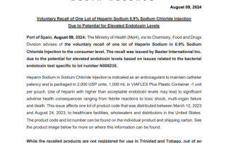 Voluntary Recall of One Lot of Heparin Sodium 0.9% Sodium Chloride Injection Due to Potential for Elevated Endotoxin Levels