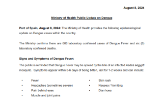 Ministry of Health Public Update on Dengue- August 8, 2024