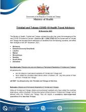 Trinidad and Tobago COVID-19 Health Travel Advisory 26 November 2021 