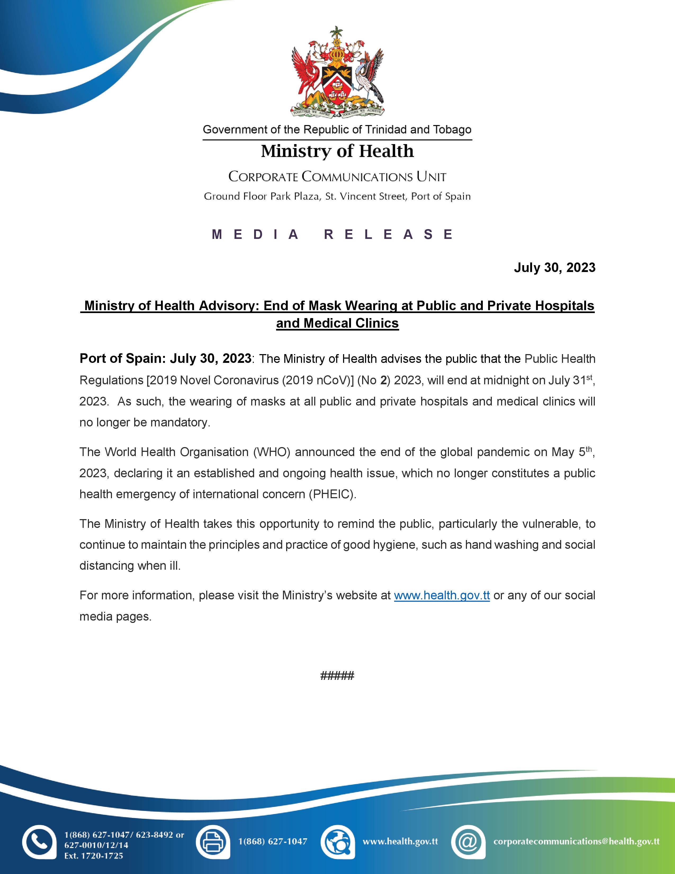 Media Release -  End of Mask Wearing at Public and Private Hospitals and Medical Clinics