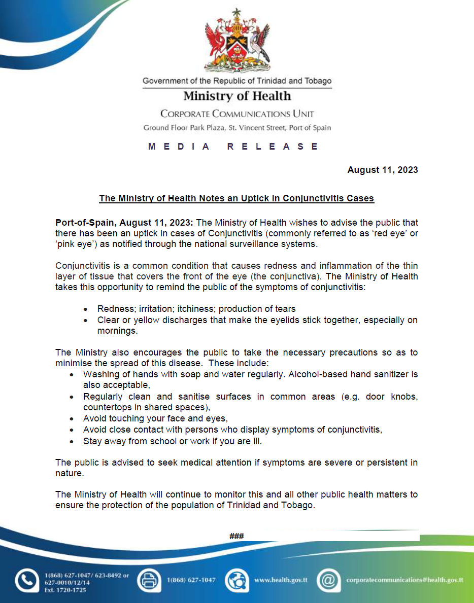 Media Release - The Ministry of Health Notes an Uptick in Conjunctivitis Cases