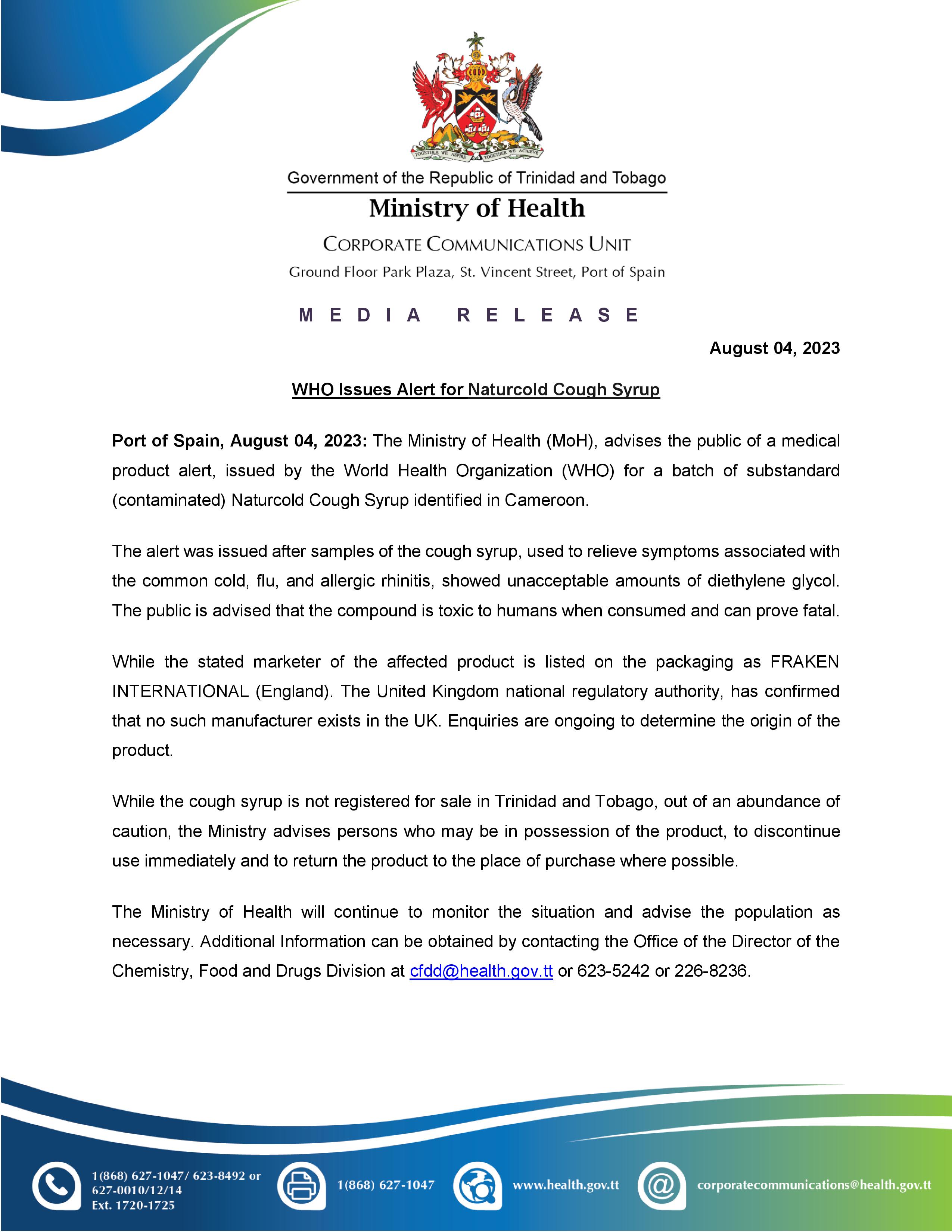 Media Release - WHO Issues Alert for Naturcold Cough Syrup