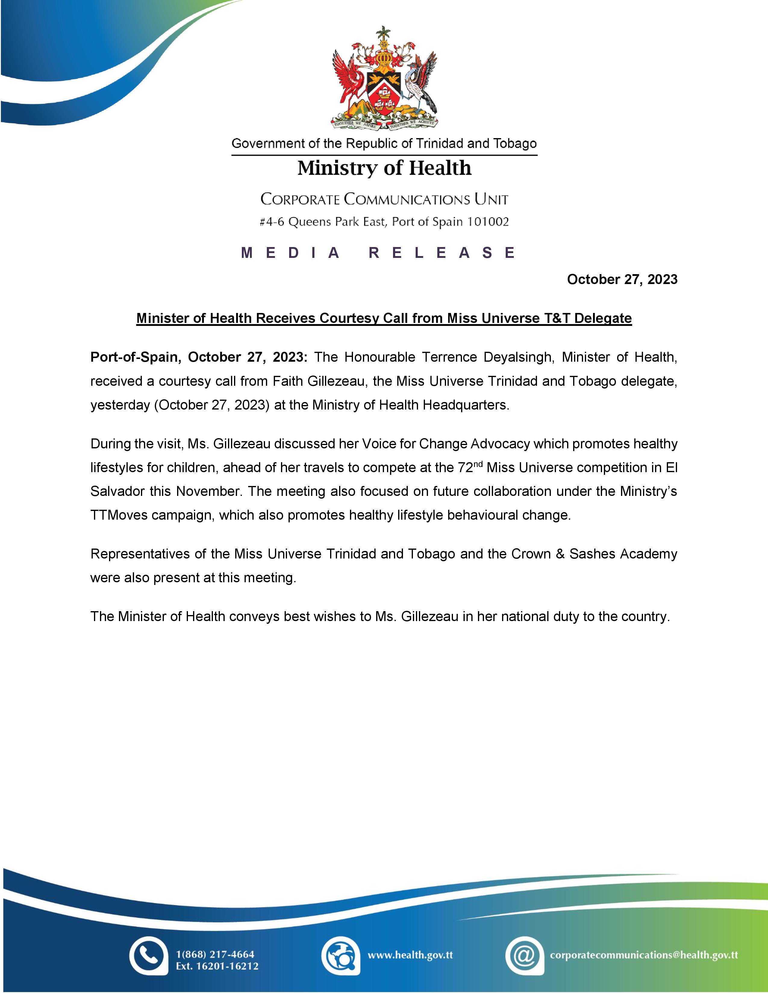 Media Release -  Minister of Health Receives Courtesy Call from Miss Universe T&T Delegate