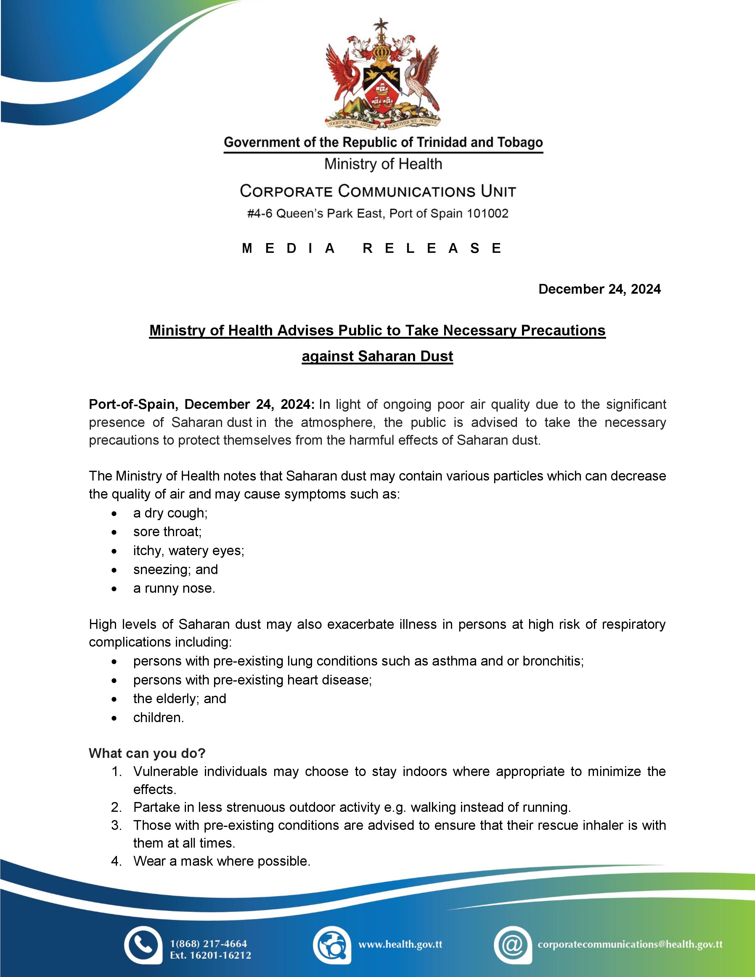 Ministry of Health Advises Public to Take Necessary Precautions against Saharan Dust