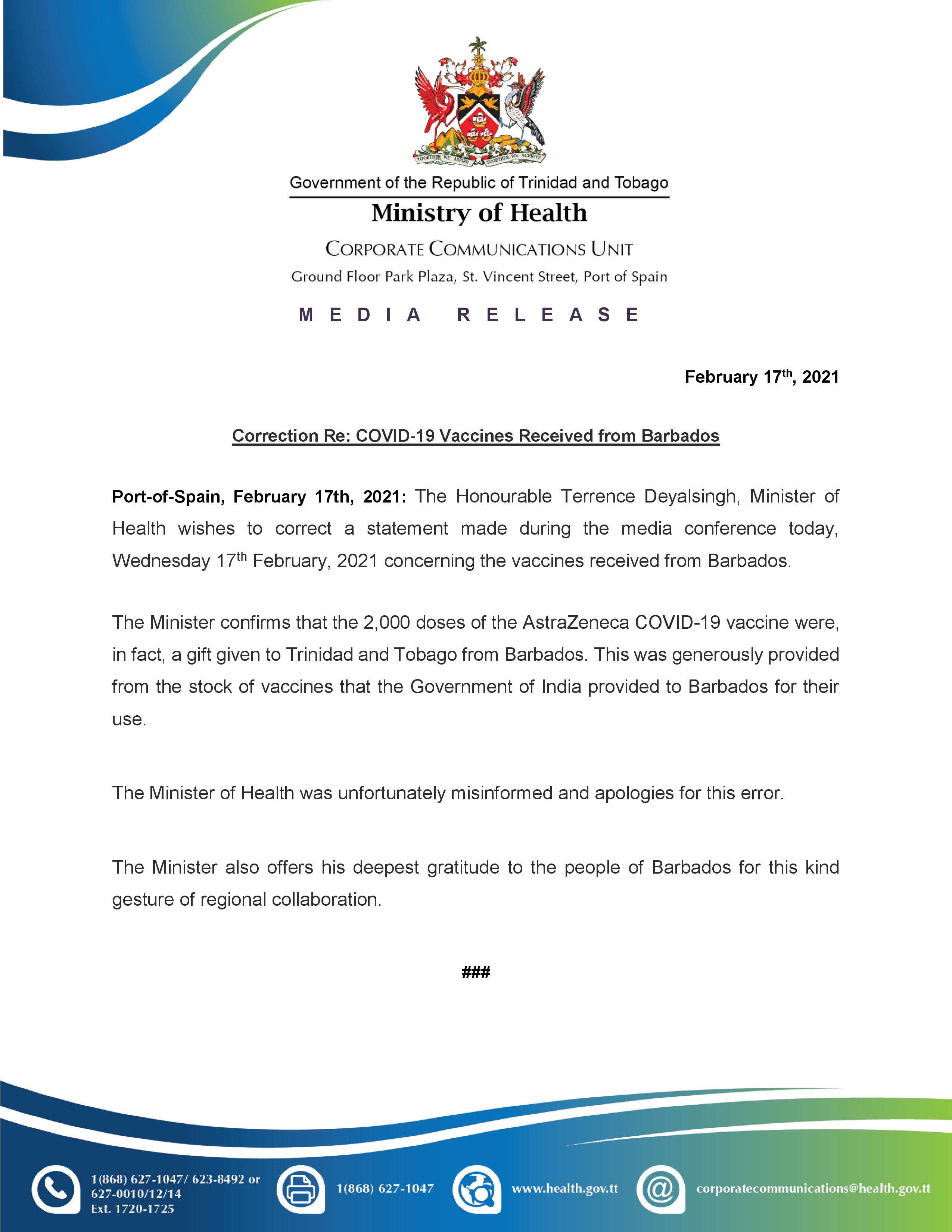 Correction: COVID-19 Vaccines Received from Barbados