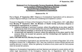 Statement from the Honourable Terrence Deyalsingh, Minister of Health on the Conduct of Religious Meetings or Services and Christenings and Baptisms In Person by Religious or Ecclesiastical Organisations