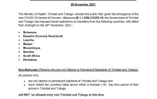 Trinidad and Tobago COVID-19 Health Travel Advisory 26 November 2021 