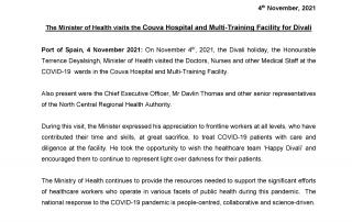 MoH Release - The Minister of Health visits the Couva Hospital and Multi-Training Facility for Divali