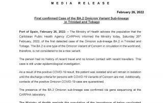 First confirmed Case of the BA.2 Omicron Variant Sub-lineage in Trinidad and Tobago