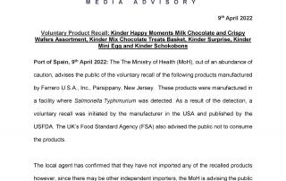 Voluntary Product Recall:  Kinder Happy Moments Milk Chocolate and Crispy Wafers Assortment, Kinder Mix Chocolate Treats Basket, Kinder Surprise, Kinder Mini Egg and Kinder Schokobons