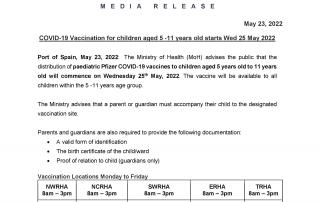 MoH Media Release: COVID-19 Vaccination for children aged 5 -11 years old starts Wed 25 May 2022