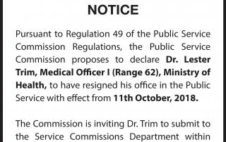 Notice - Resignation of Office, Dr. Lester Trim