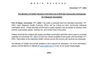 MoH Media Release - Ministry of Health Advises of the Roll out of RHA led Community Outreaches for Influenza Vaccination