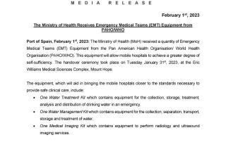 Media Release: The Ministry of Health Receives Emergency Medical Teams (EMT) Equipment from PAHO/WHO