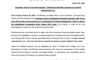 Media Release - Voluntary recall of oral anticoagulant - Dabigatran Etexilate Capsules by Ascend Laboratories LLC