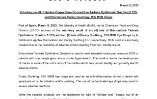 Voluntary recall of Apotex Corporation Brimonidine Tartrate Ophthalmic Solution 0.15% and Pharmedica Purely Soothing, 15% MSM Drops