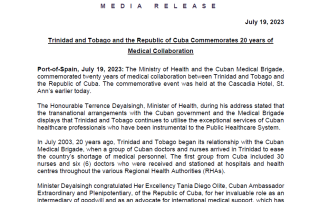 Media Release - Trinidad and Tobago and the Republic of Cuba Commemorates 20 years of Medical Collaboration