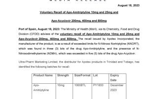 Media Release - Voluntary Recall of Apo-Amitriptyline 10mg and 25mg and Apo-Acyclovir 200mg, 400mg and 800mg