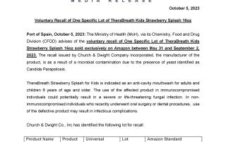 Media Release - Voluntary Recall of One Specific Lot of TheraBreath Kids Strawberry Splash 16oz