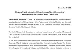 Media Release - Minister of Health attends the 40th Anniversary of the Achievements of Family Medicine and Universal Health Care in Cuba