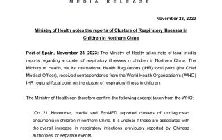 Media Release -  Ministry of Health notes the reports of Clusters of Respiratory Illnesses in Children in Northern China